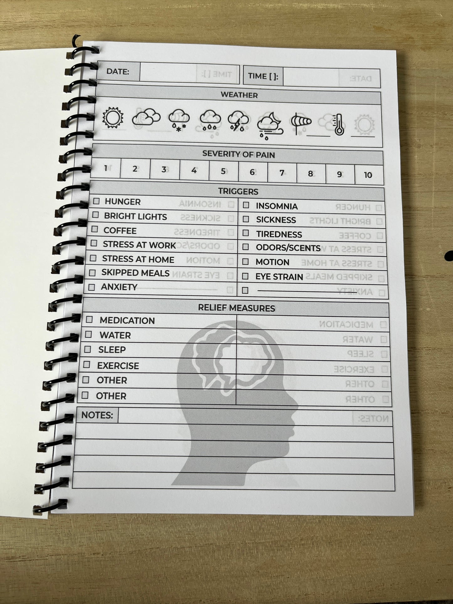 Migraine tracking note book