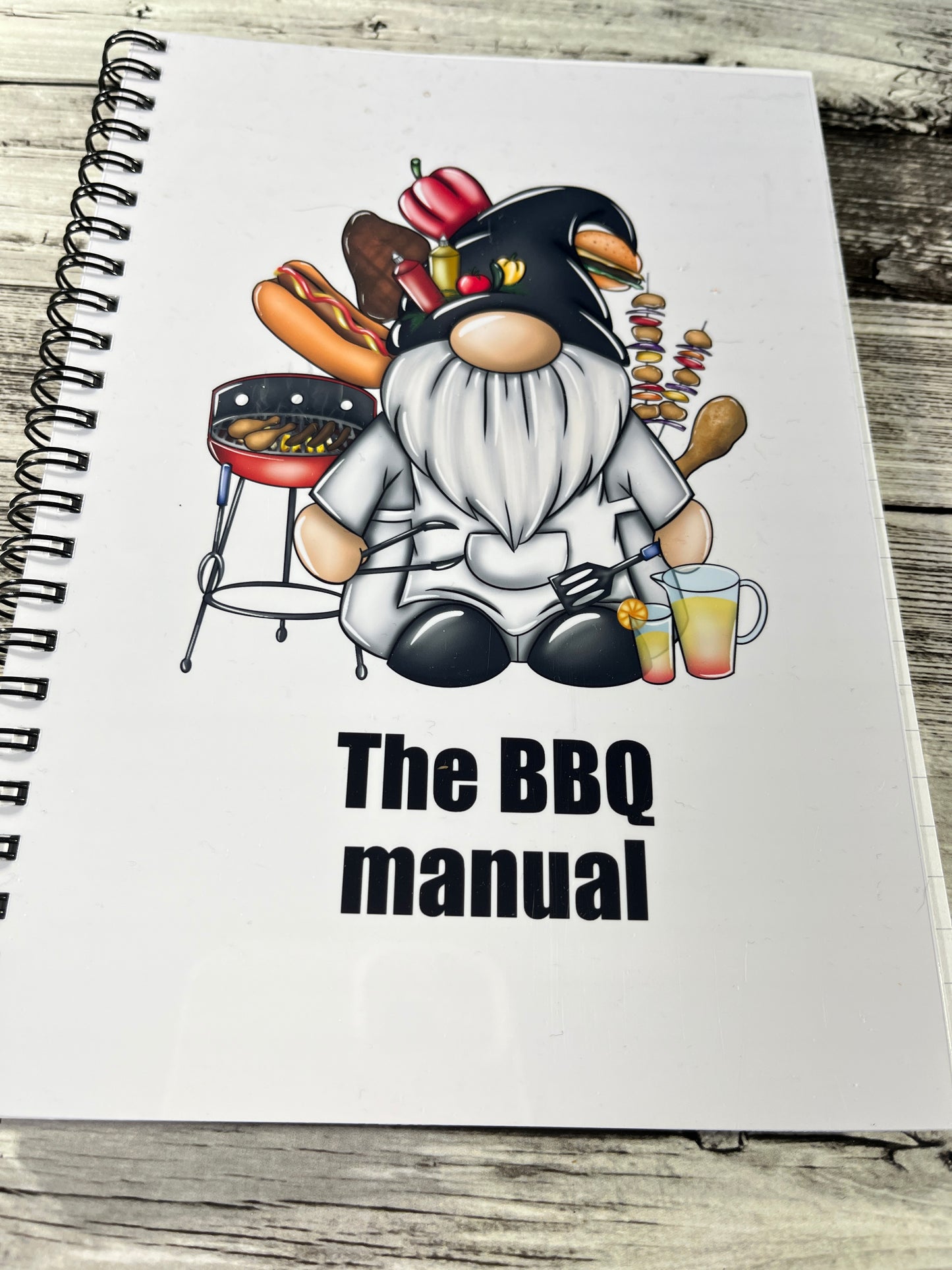 Personalised gonk theme BBQ note book.