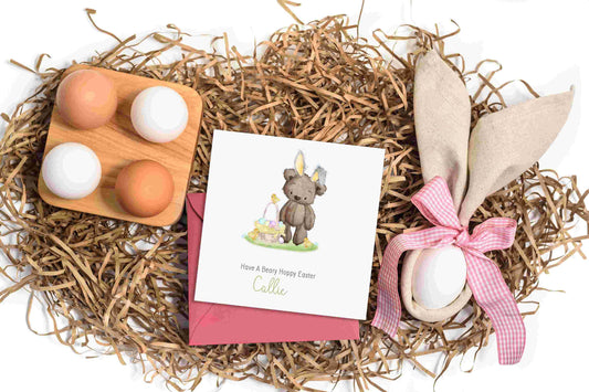 Personalised Easter Card, Happy Easter, Teddy bear design