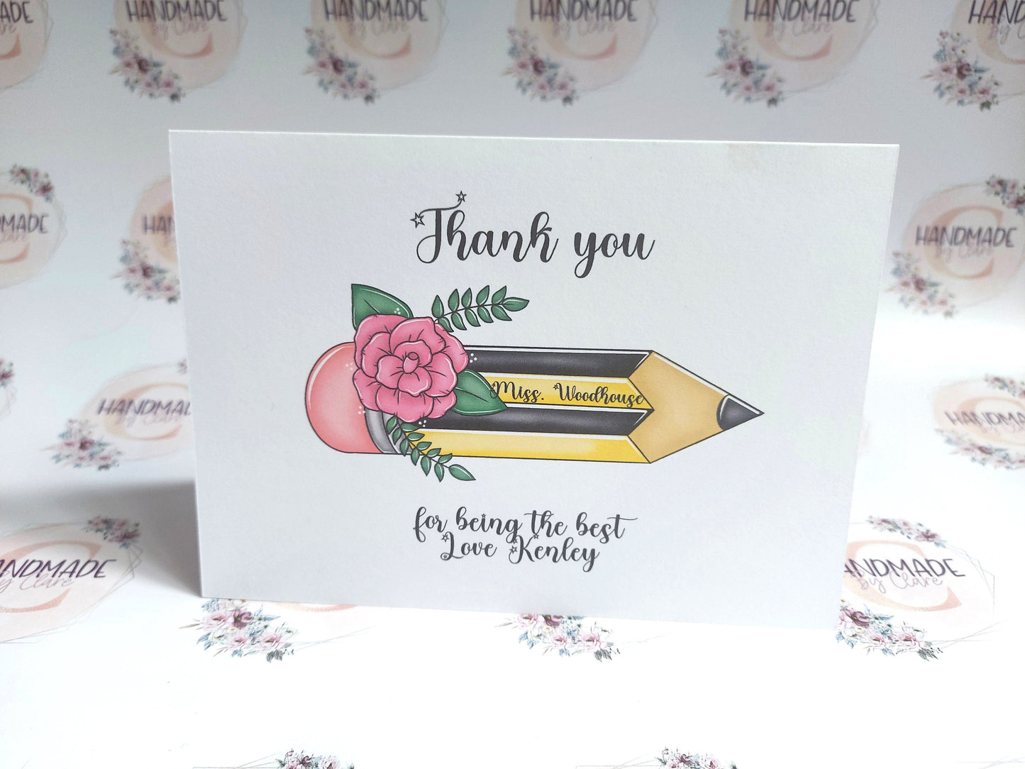 Thank you teacher card, Pencil design, Thank you Teaching Assistant, Keyworker, childminder, support staff, end of school, end of term