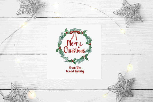 Personalised Christmas card | family name | from the family | Christmas wreath | pack of 5 | pack of 10