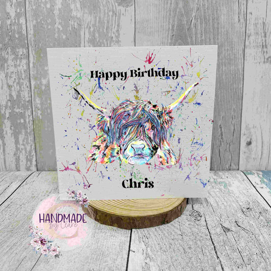 Personalised highland cow card, birthday greetings card, rainbow splatter background, any age, any name