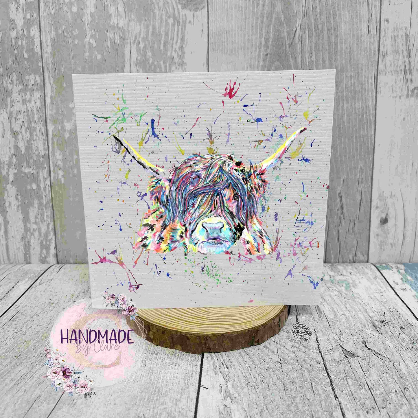 Personalised highland cow card, birthday greetings card, rainbow splatter background, any age, any name