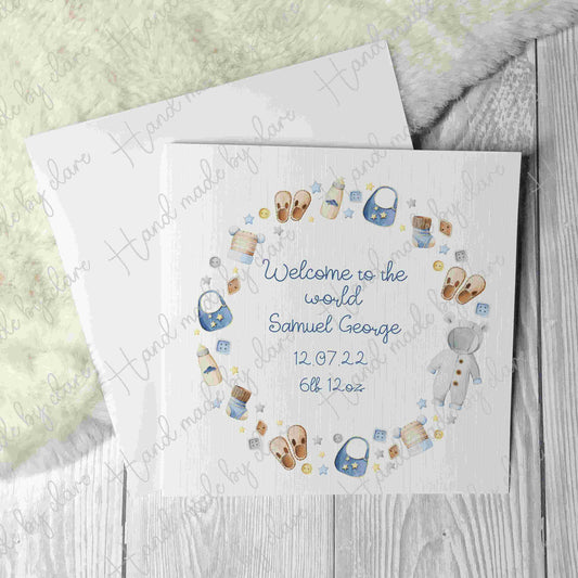 Personalised new baby boy card, custom made card, card for new parents, birth stats, congratulations new baby, rainbow baby, new baby