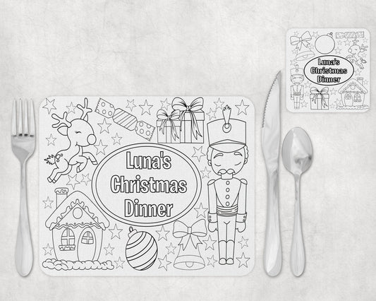 Personalised colour in childrens Christmas placemat, Christmas table setting, Colouring sheet