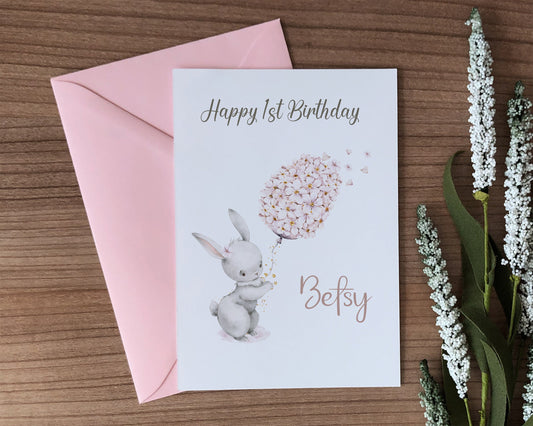 Personalised Girls Birthday Card Rabbit & Balloon Greeting Card for Daughter Granddaughter Sister Friend Niece 3rd 4th 5th 6th 7th