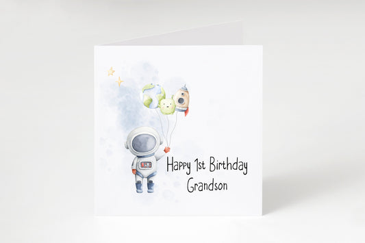 Astronaut space theme Birthday Card Any Age Personalised, Grandson, Nephew, Son, Brother, Special little boy, 1st birthday